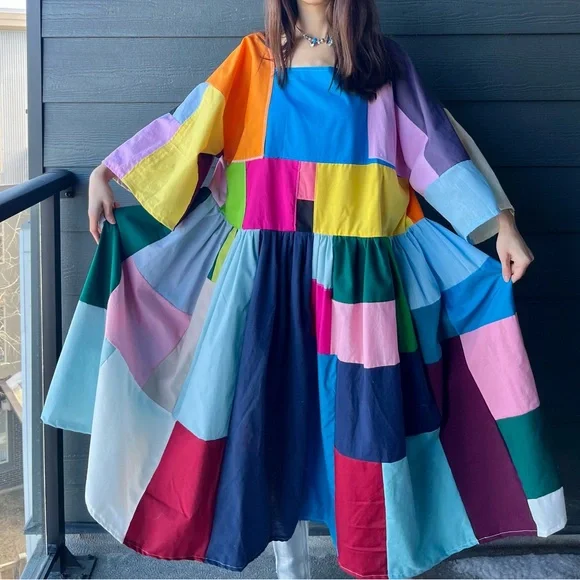 Handmade Quilted Patchwork Colorblock Dress SKU 02263 - Picture 1 of 16